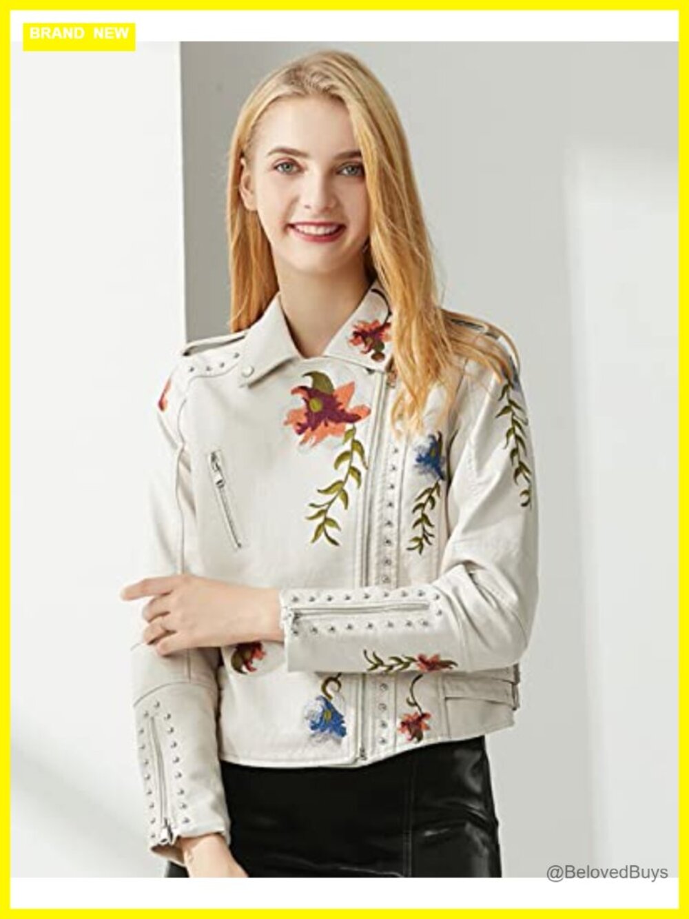 Embroidered Studded Faux Leather Moto Jacket Floral Coat - Picture 3 of 6